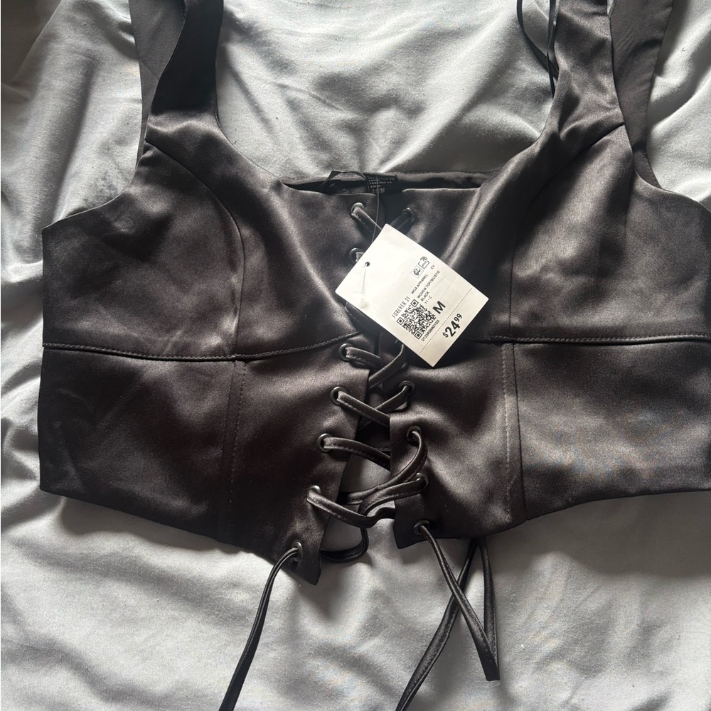 Forever 21 Black Faux Leather Lace-Up Crop Top